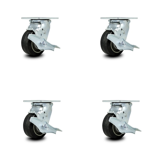 4 Inch Rubber on Aluminum Caster Set with Ball Bearings and Brake/Swivel Lock